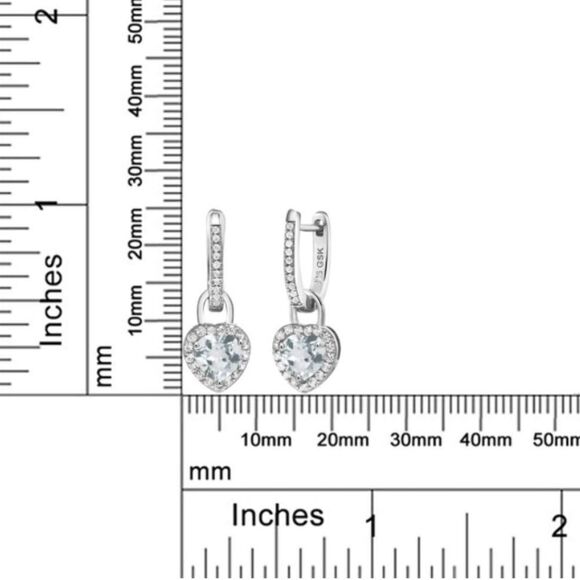 925 Sterling Silver 1.84 Cttw Light Aquamarine and White Sapphire Heart Earrings - Picture 4 of 4